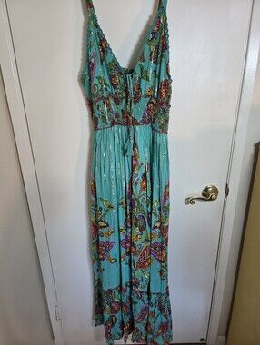 Me 2 Magic Bohemian Fairycore  Paisley Metallic Gold Stripe Smocked Maxi Dress L